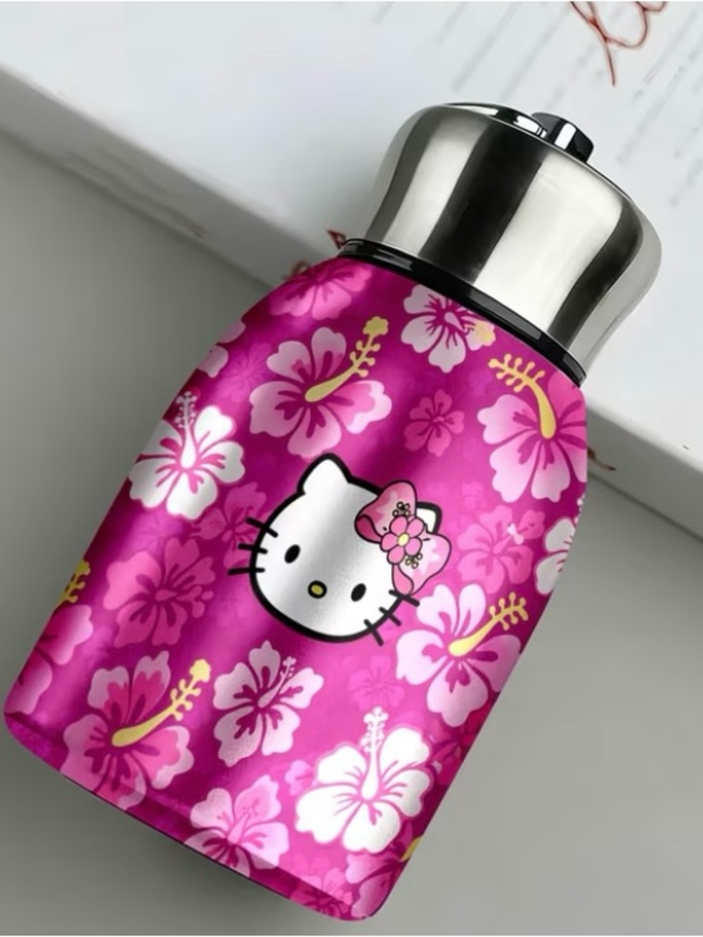 Hello Kitty Hot Pink Floral Stainless Steel Bottle with Silver Cap